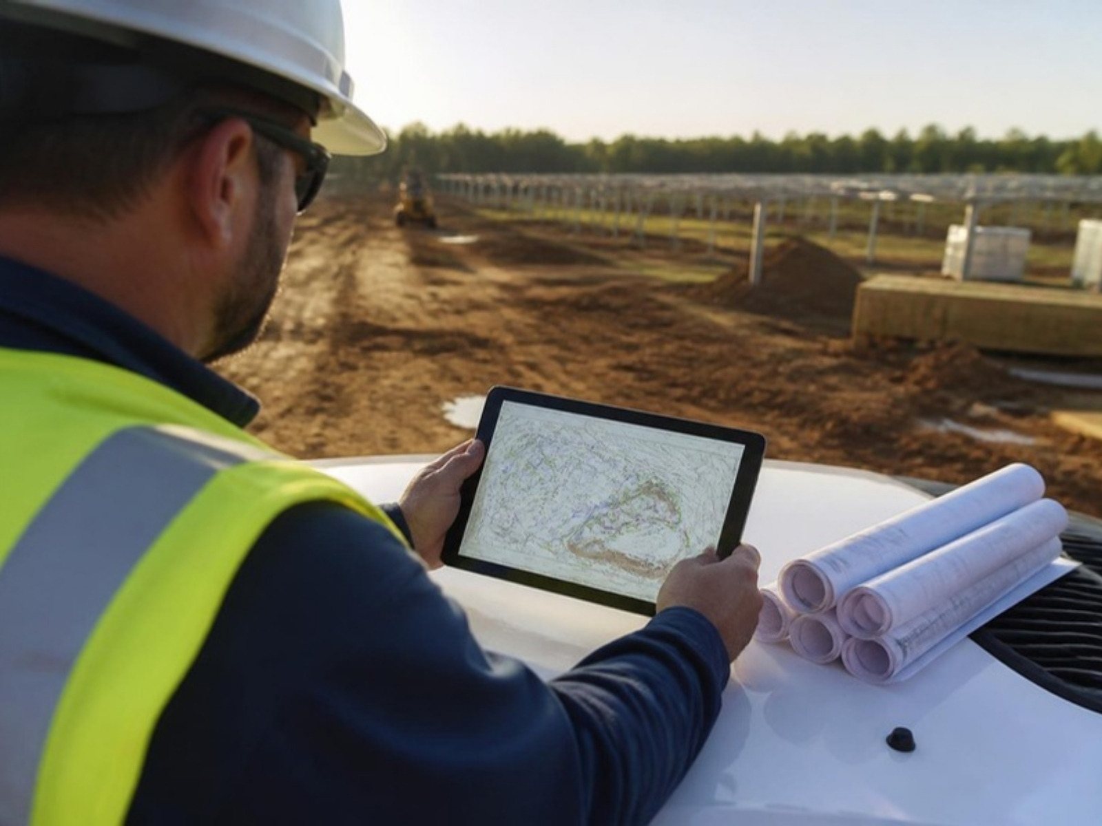 Estimator reviewing civil plans on a tablet at a job site