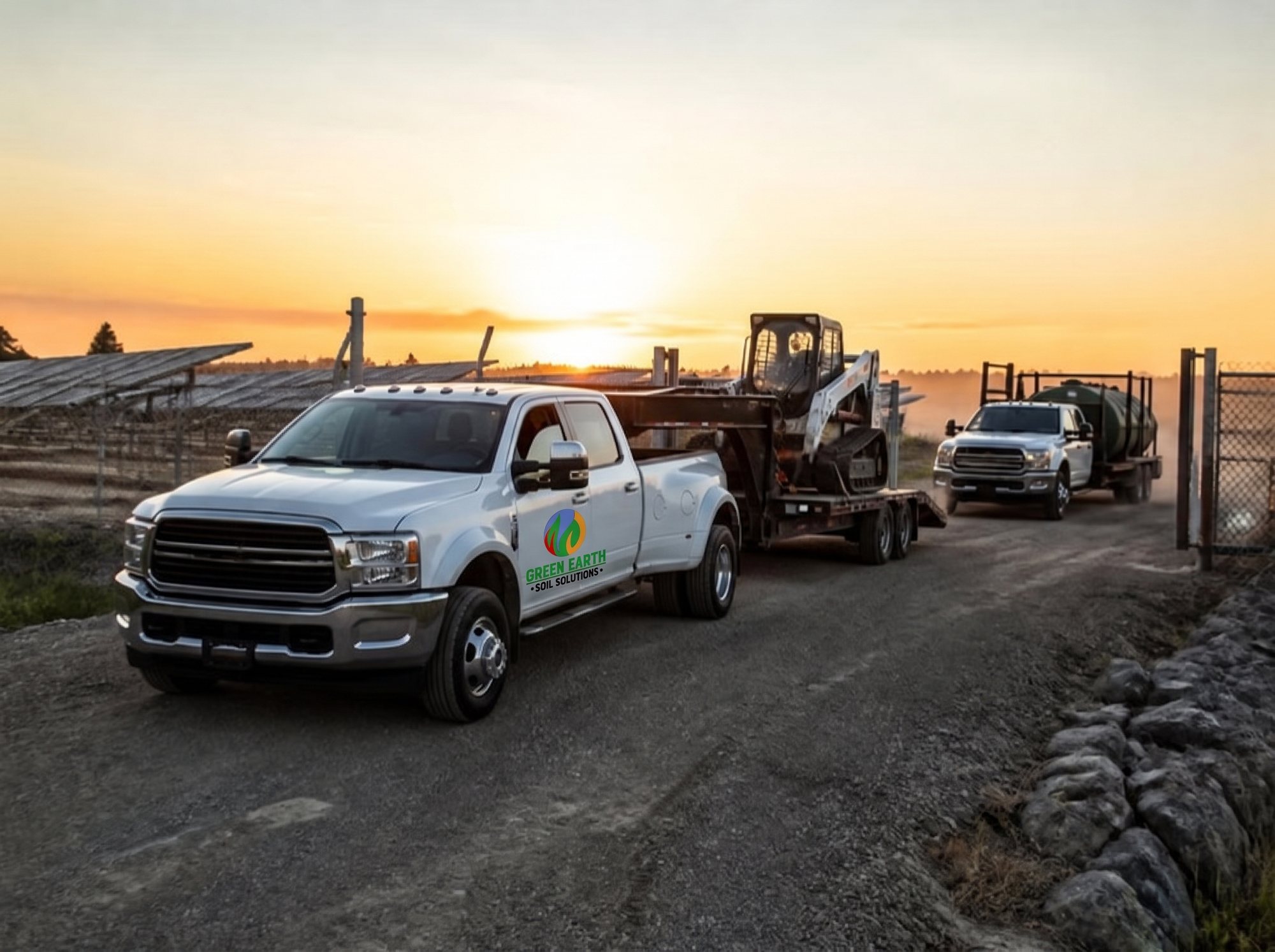 Green Earth Soil Solutions crew and equipment mobilizing at sunrise