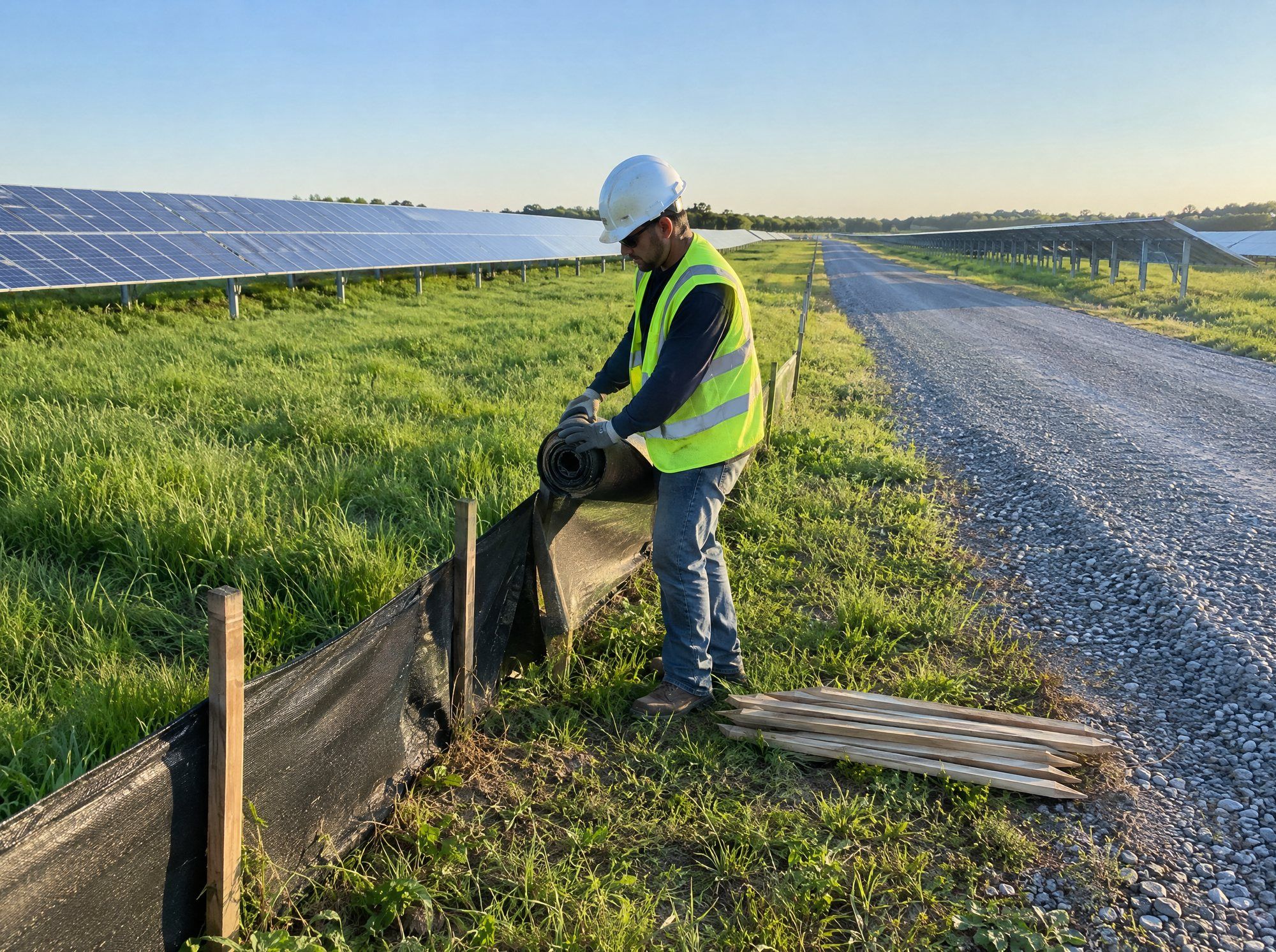 Crew member inspecting a silt fence line on a stabilized slope