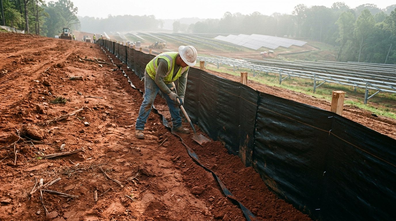 Crew installing silt fence along a graded site