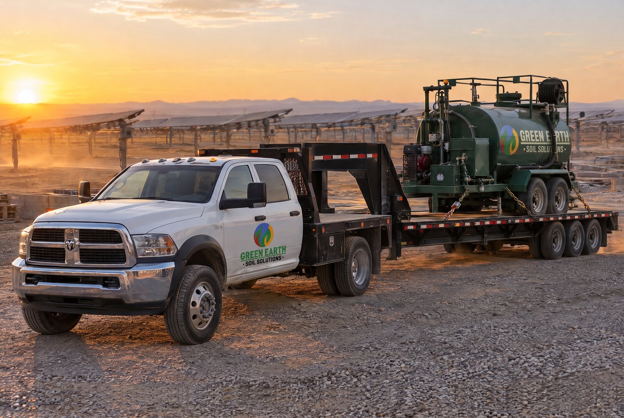 Green Earth Soil Solutions flatbed truck and gooseneck trailer hauling a hydroseeder