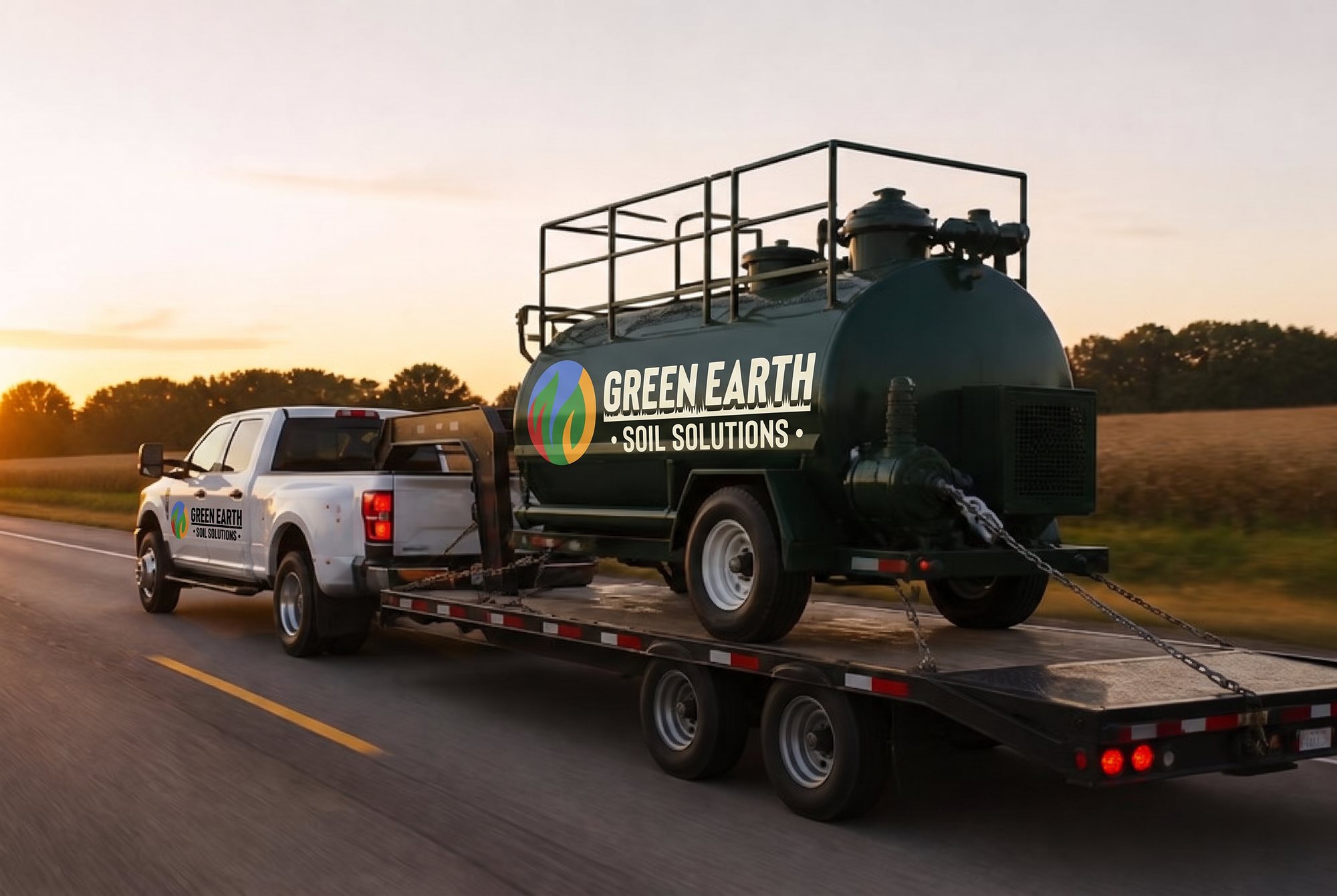 Flatbed truck with gooseneck trailer on the highway